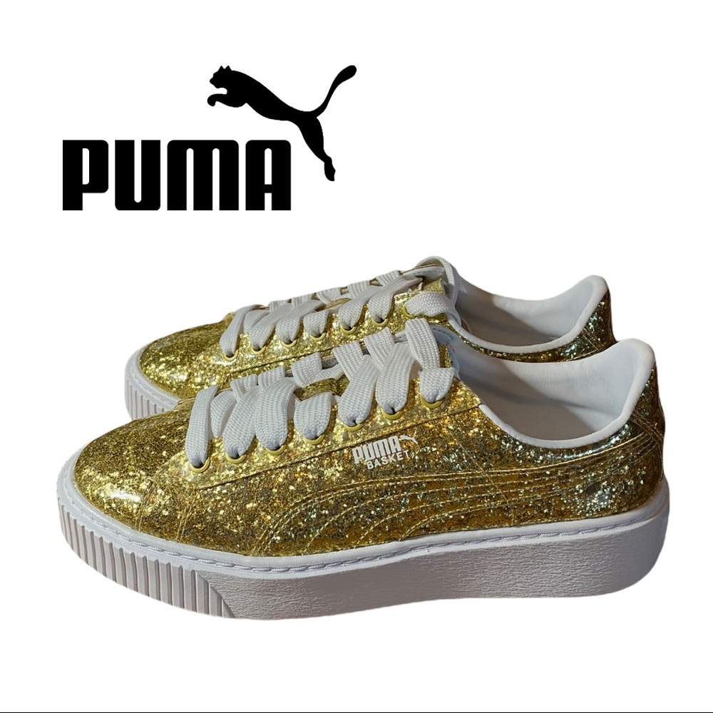 New in Box NIB Puma Basket Platform Glitter Gold Women's Sneakers 8.5 / EU 39